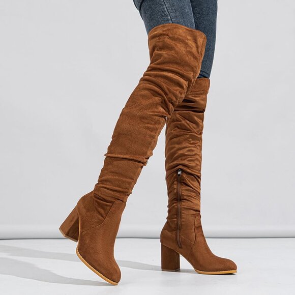 Women Brown Suede Leather Pull On Side Zipper Chunky Block Heel Thigh High Boots - Picture 5 of 6